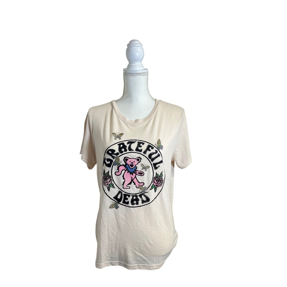 Lucky Brand Grateful Dead Women's Cream T-Shirt with Pink Bear and Roses Size M